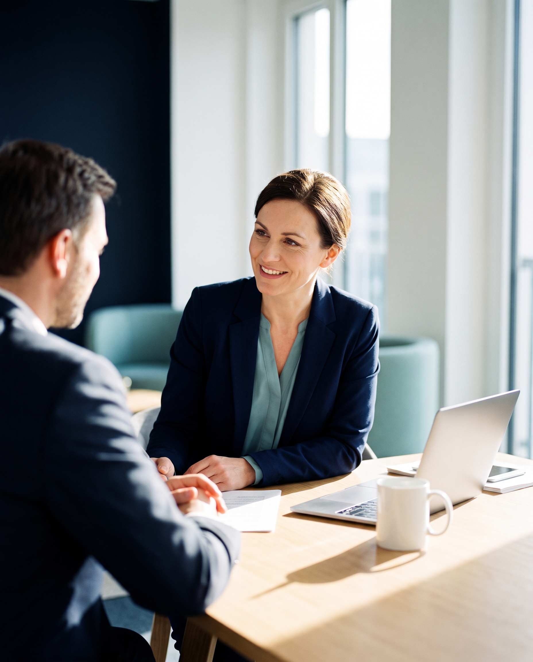 Persönliche Ansprechpartnerin im Gespräch mit einem Unternehmen zur ausgelagerten Meldestelle in einem modernen Büro